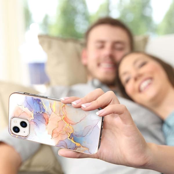 Marble Mønstret Deksel med Ring Holder til iPhone 14 - Milky Way Klinkekule White Multicolor