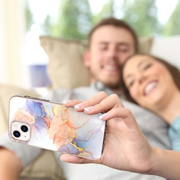 Marble Patterned Suojakuori With Ring Holder For iPhone 14 - Milky Way Marble White Multicolor
