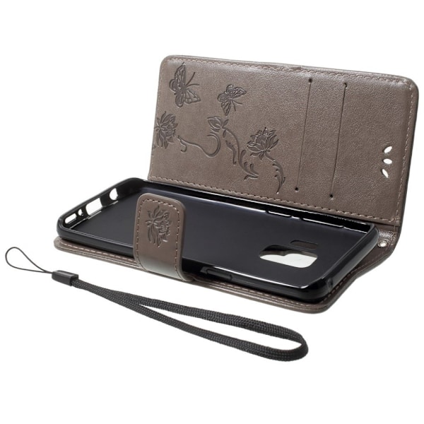 Samsung Galaxy S9 stemplet sommerfugl Blomster PU læder flip etui - Grå Silver grey