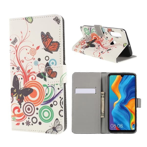 Huawei P30 Lite mønstret læder flip etui - Sommerfugl Blomst Multicolor