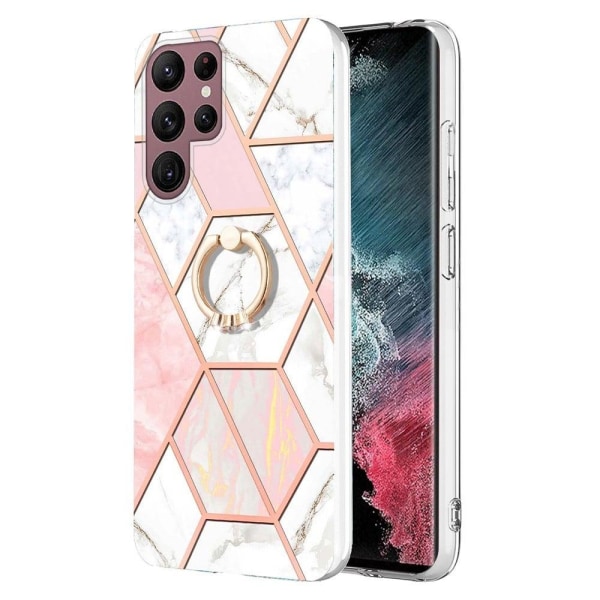 Marble Mønstret Cover med Ring Holder til Samsung Galaxy S22 Ult Pink