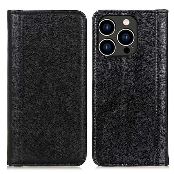 Ekte lærdeksel med magnetisk lukking for iPhone 14 Pro - Svart Black