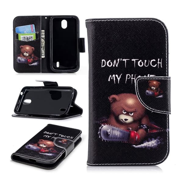 Nokia 1 mønstret flipveske i lær - Bear and Don't Touch My Phone Multicolor