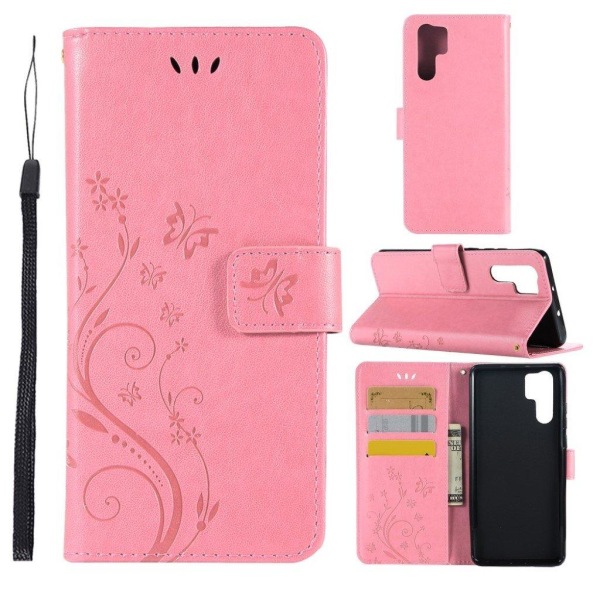 Huawei P30 Pro sommerfugle- og blomstertryk læder flip etui - Lyserød Pink