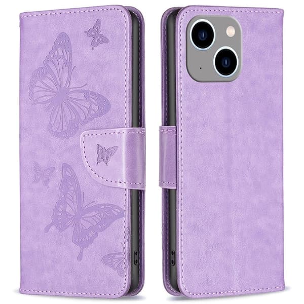 Butterfly iPhone 14 Plus nahkakotelo - Violetti Purple
