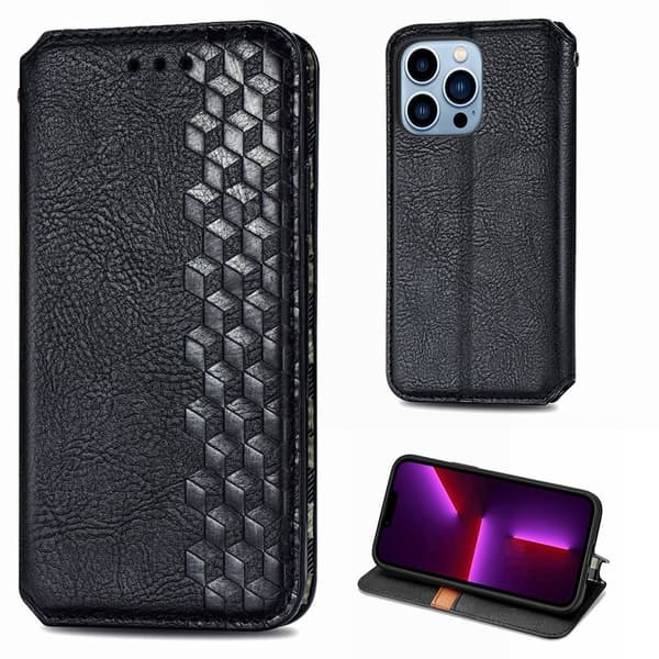 Läder iPhone 13 Pro fodral med romb-design - Svart Svart
