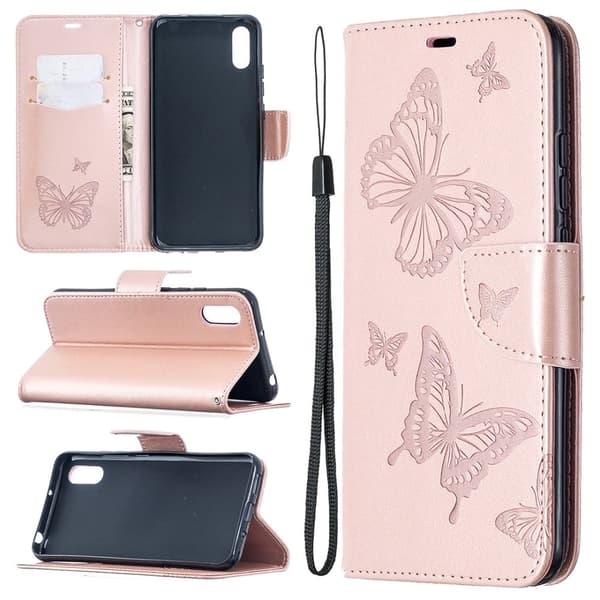 Sommerfugl Xiaomi Redmi 9A Flip Etui - Rødguld Pink