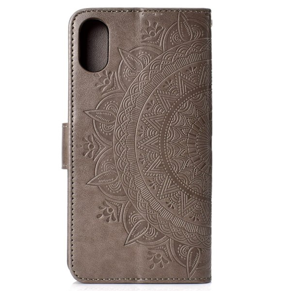 iPhone Xr flip cover i læder med Mandala-mønster - Grå Silver grey