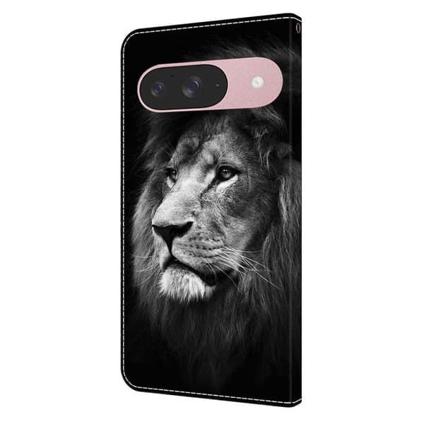 Google Pixel 9 / 9 Pro plånboksfodral mönstrat tryck stativ läder flip telefonskal - Lejon Silvergrå