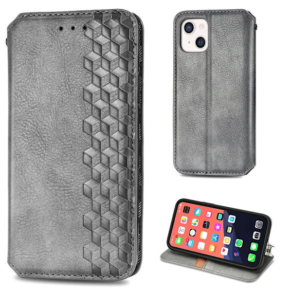 Nahkakotelo With A Stylish Rhombus Imprint For iPhone 13 - Harmaa Silver grey