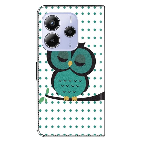 Xiaomi Redmi Note 14 5G Etui med magnetisk lås 3D-mønster Læderpung Telefoncover - Sovende Ugle Green
