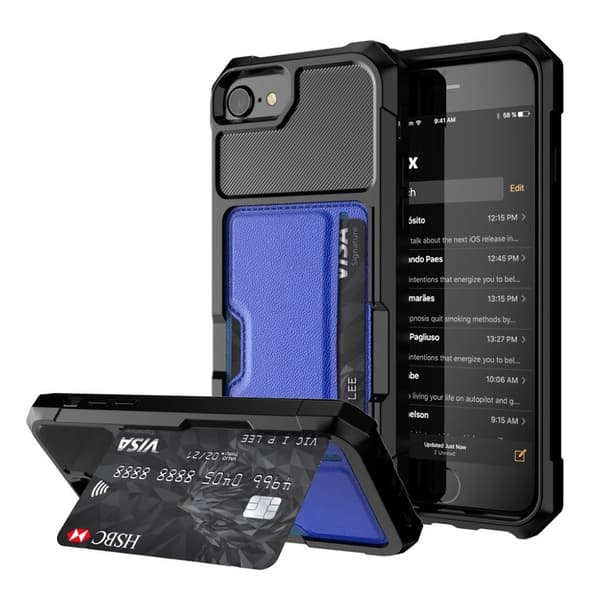 IPhone 7 / 8 mobilskal plast silikon syntetläder stående magnetiska bilhållare - Blå Blå