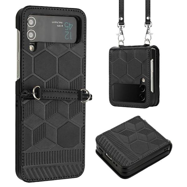 Samsung Galaxy Z Flip3 5G læderetui med fodboldmønster og strop - Sort Black