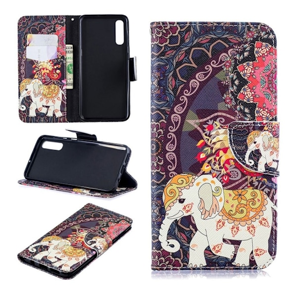 Samsung Galaxy A50 mønster læder etui - Elefant og Påfugl Multicolor