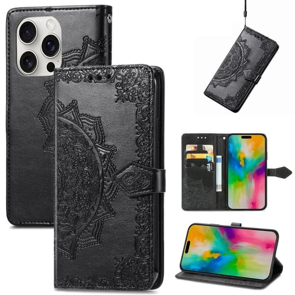 Mandala iPhone 16 Pro nahkakotelo - Musta Black