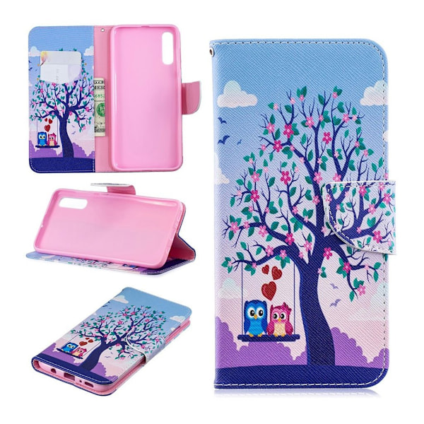 Samsung Galaxy A70 mønstret lædercover - træ og ugler Multicolor