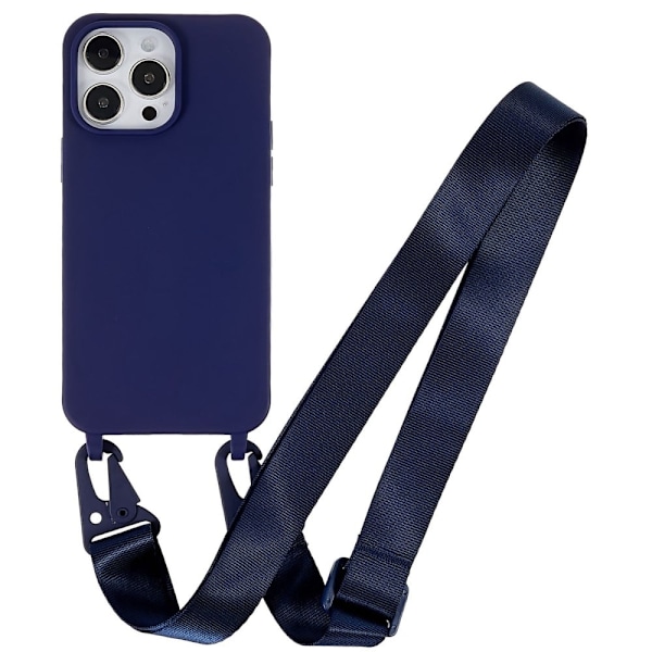 iPhone 14 Pro Max 6,7 tommer Drop Resistant Soft Flexible Matte Surface Phone Cover Protective Shell med bred lanyard - Mørkeblå Blue