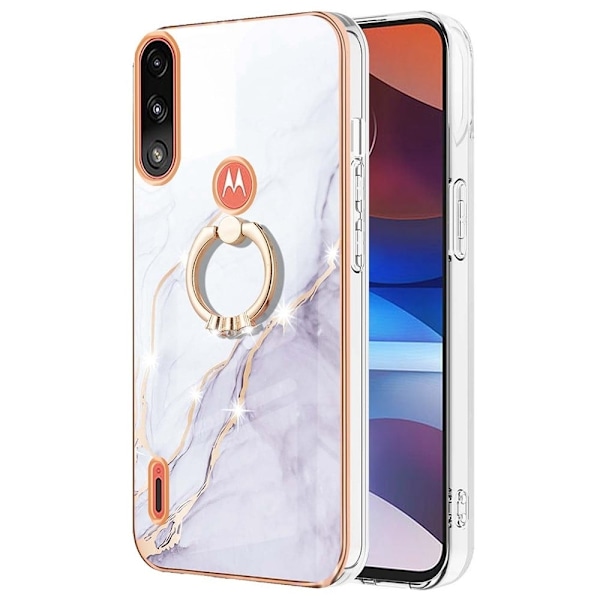 Marble Mønstret Cover med Ring Holder til Motorola Moto E7i Power / E7 Power - Hvid Marmor Haze White