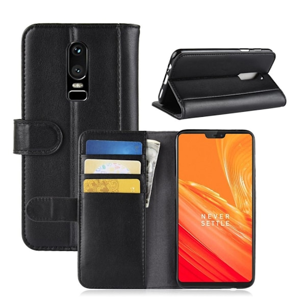 OnePlus 6 mobilskal genuin läder stående plånbok - Svart Svart