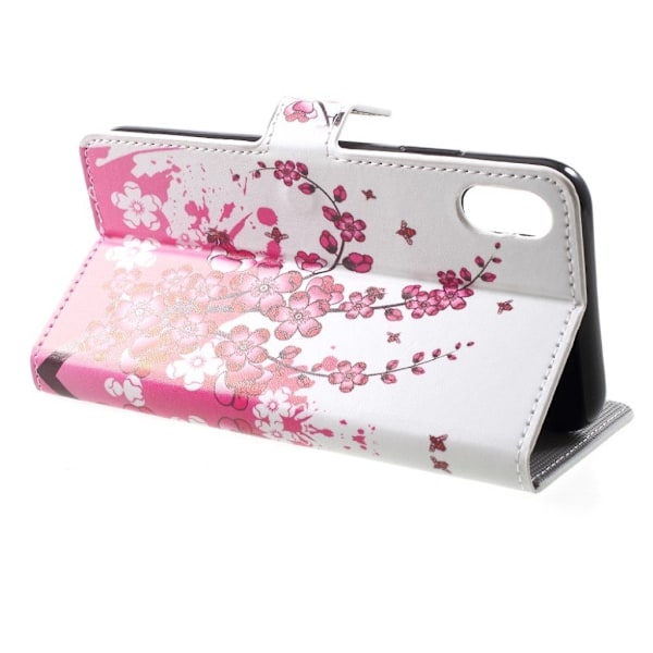 iPhone Xs Max læder flip cover med mønsterprint - Plum Blossom Purple
