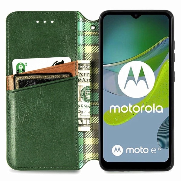 Läder Motorola Moto E13 fodral med romb-design - Grön Grön
