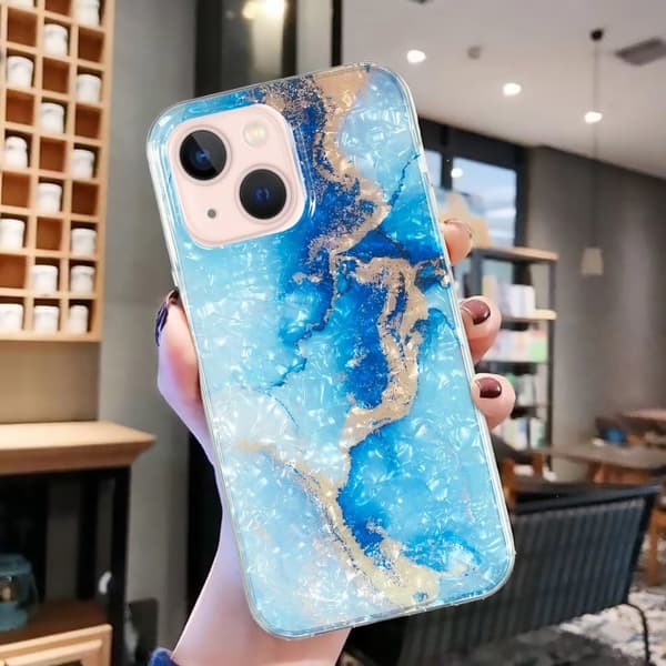 Marble iPhone 14 Plus Etui - Blue Gull Klinkekule Blue