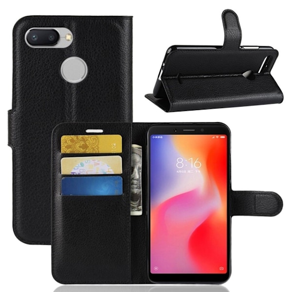 Xiaomi Redmi 6 mobiletui i kunstlæder med Litchi tekstur og pung - Sort Black