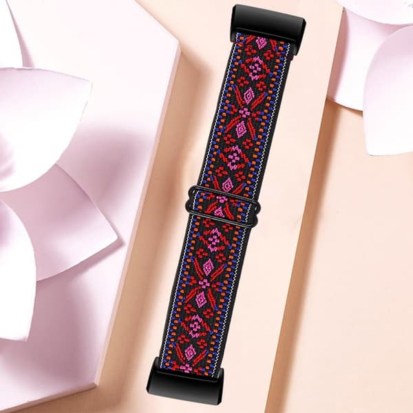 Fitbit Charge 4 / 3 elastisk nylonrem med mønster - Rød Tribal Blomstermønster Red