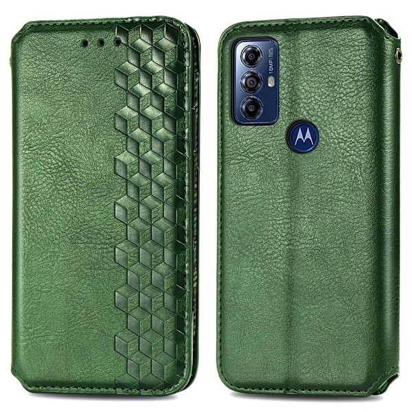Læder Etui med A Stilfuldt Rhombus Tryk til Motorola Moto G Play (2023) - Grøn Green