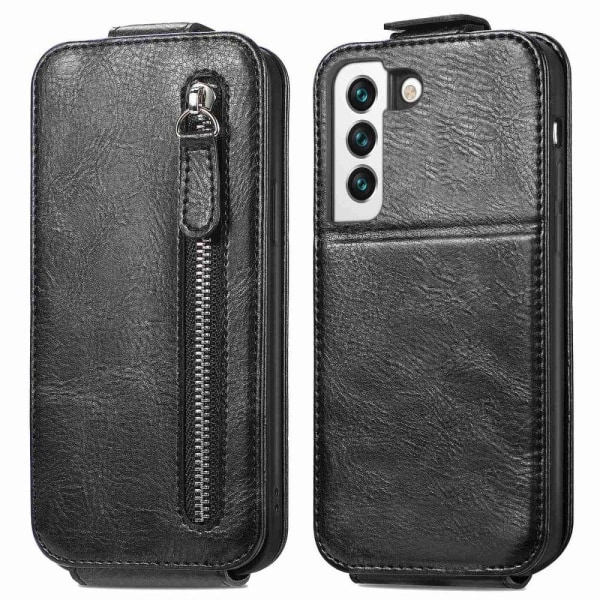 Vertical Flip Phone Etui med Zipper til Samsung Galaxy S22 - Sort Black