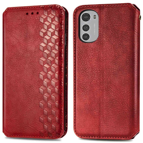 Læder Etui med A Stilfuldt Rhombus Tryk til Motorola Moto E32s / E32 / G22 - Rød Red