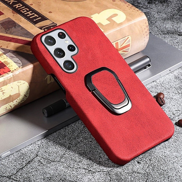 Iskunkestävä nahkainen suojakuori soikealla jalustalla Samsung Galaxy S22 Ultra - Punainen Red