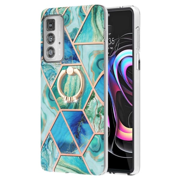 Marble Patterned Suojakuori With Ring Holder For Motorola Edge 20 Pro - Vihreä Green