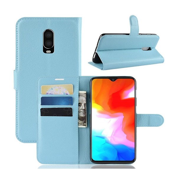 OnePlus 6T mobiletui i kunstlæder med Litchi overfalde og kortholder - Blå Blue