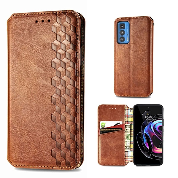 Nahkakotelo With A Stylish Rhombus Imprint For Motorola Edge 20 Pro - Ruskea Brown