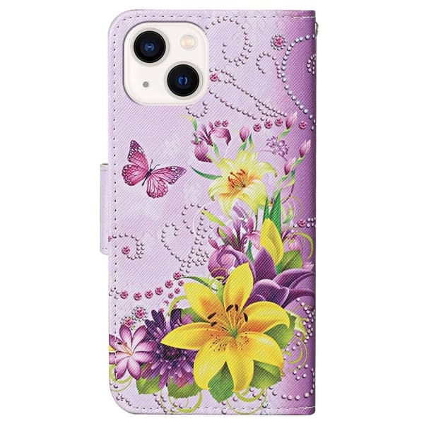 Wonderland iPhone 14 Plus Flippetui - Gule Blomster / Sommerfugler Pink