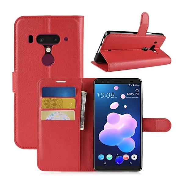 HTC U12 Plus mobiletui i lædermateriale med Litchi overflade samt lommer og stativ - Rød Red