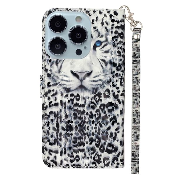 iPhone 16 Pro Etui Læder 3D Mønster Trykt Telefon Cover Stativ Kortholder - Leopard Black
