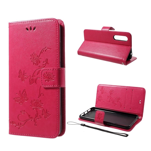 Huawei P20 Pro stemplet sommerfugl blomster PU læder flip etui - Rose Pink