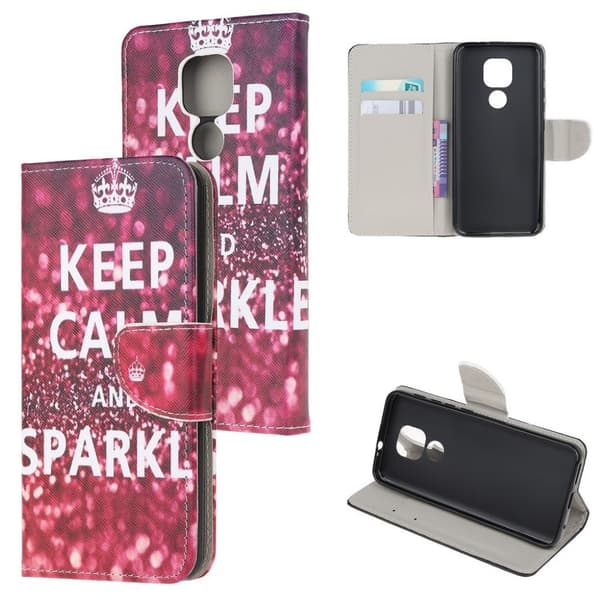 Wonderland Motorola Moto E7 Plus / G9 Play Flippetui - Keep Calm og Sparkle Red