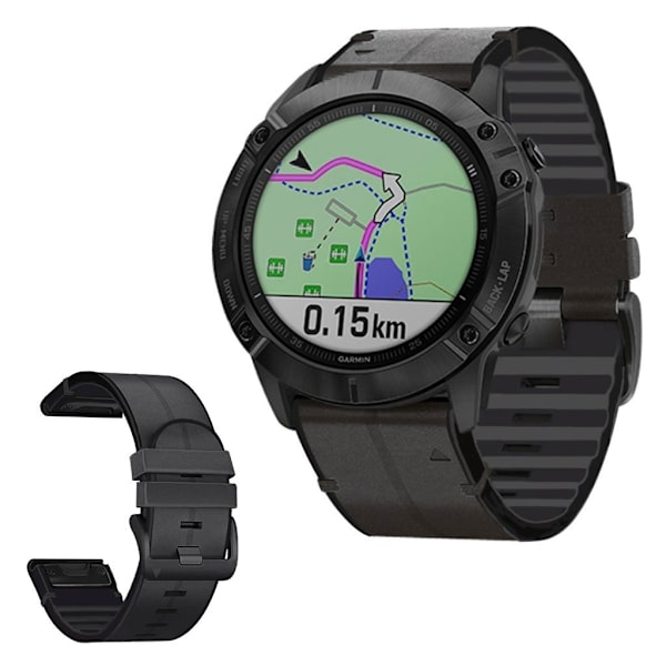 Garmin Fenix 6X / 5X Plus / 3 genuine leather + silicone watch band - Black Svart