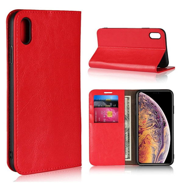iPhone Xs Max Plånboks mobilfodral av äkta läder med vildhäst textur och kort samt sedel plats - Röd Röd