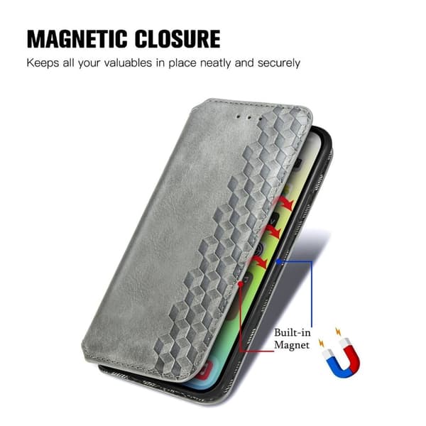 Nahkakotelo With A Stylish Rhombus Imprint For iPhone 14 Plus - Harmaa Silver grey