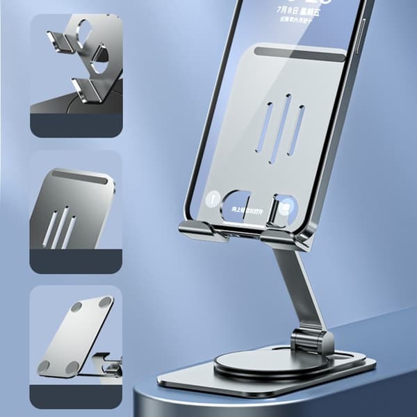 Yleiskäyttöinen alumiiniseos pyörivä pöytäpuhelin- ja tablettiteline - Hopea Silver grey