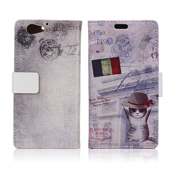 HTC A9s holdbart læder-etui m. kortholder - Kat med hat og fransk flag Multicolor