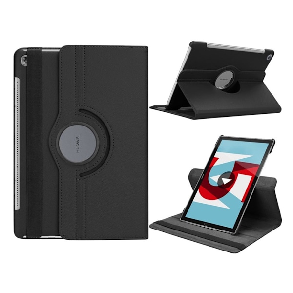 Huawei MediaPad M5 10 beskyttelsesetui i kunstlæder med Litchi overflade. Med stativ og elastisk rem - Sort Black