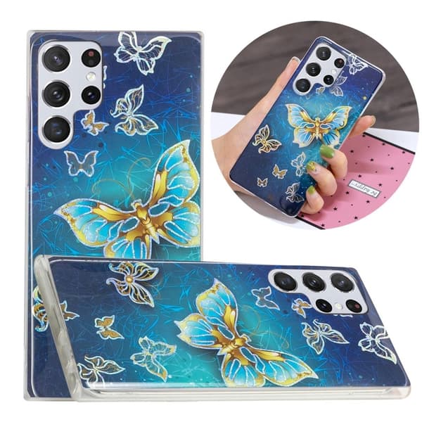 Deco Samsung Galaxy S23 Ultra Etui - Electroplated Sommerfugler Blue