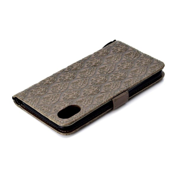 iPhone Xs Max flip cover i læder med bladtryk - Grå Silver grey