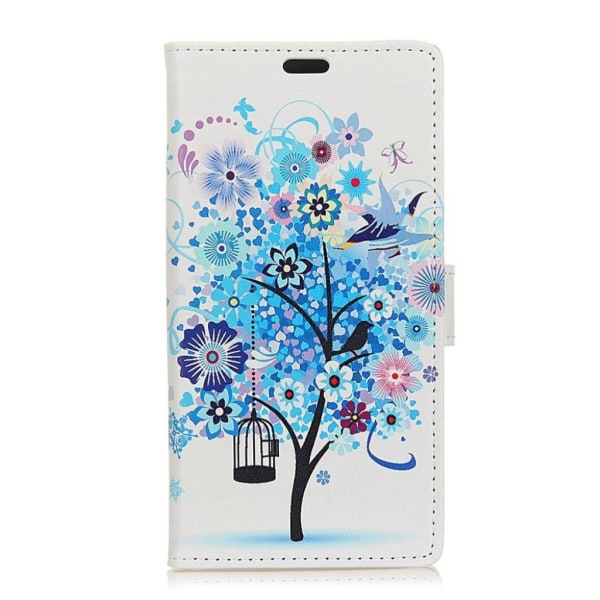 iPhone Xs Max mønstret læder flip cover - Blå Blomster Træ Fugle Multicolor