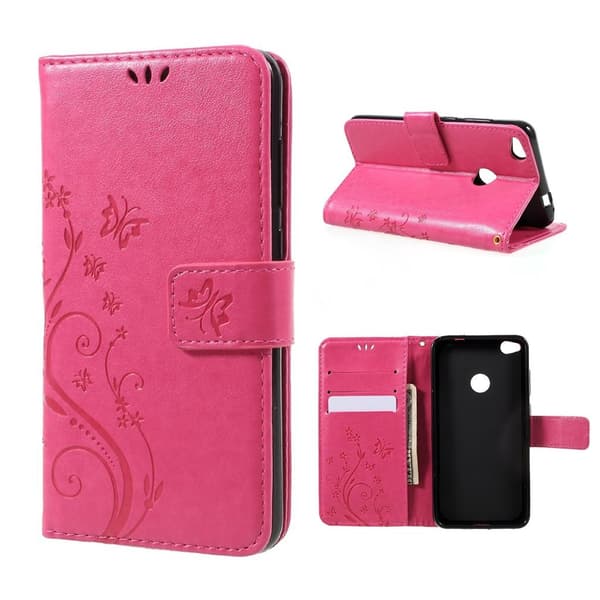 Huawei Honor 8 Lite Trykt Sommerfugler Lær Flip Etui - Rose Pink